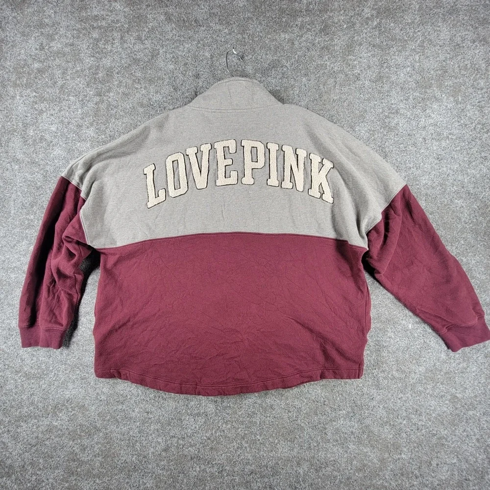 Victoria's Secret Varsity 1/2-Zip Sweatshirt Womens XL Gray‎ Maroon Love Pink